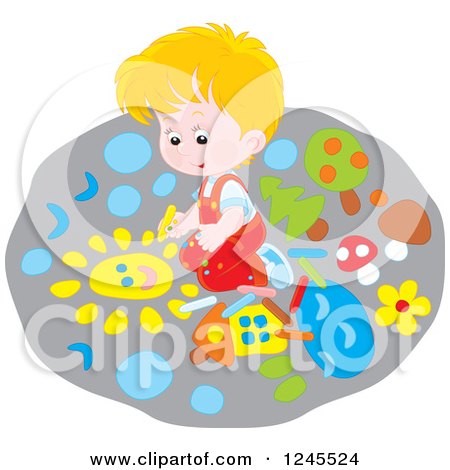 Clipart of a Blond Caucasian Boy Drawing with Chalk on a Sidewalk - Royalty Free Vector Illustration by Alex Bannykh