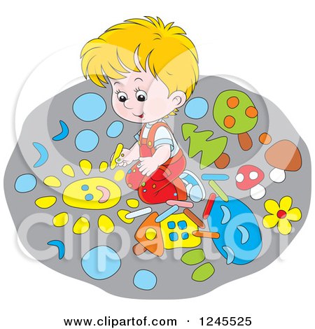 Clipart of a Blond Boy Drawing with Chalk on a Sidewalk - Royalty Free Vector Illustration by Alex Bannykh