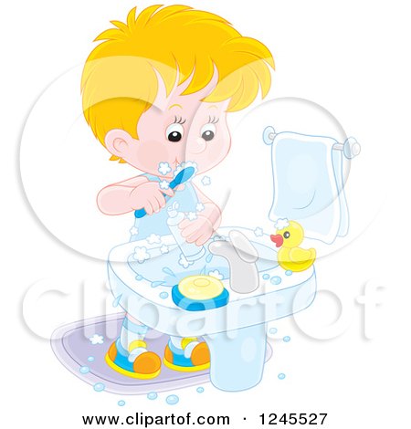Clipart of a Blond Caucasian Boy Brushing His Teeth in a Bathroom - Royalty Free Vector Illustration by Alex Bannykh