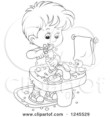 Clipart of a Black and White Boy Brushing His Teeth in a Bathroom - Royalty Free Vector Illustration by Alex Bannykh
