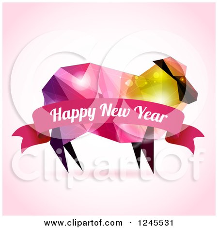 Clipart of a Colorful Geometric Sheep with Flares and a Happy New Year Banner - Royalty Free Vector Illustration by Eugene