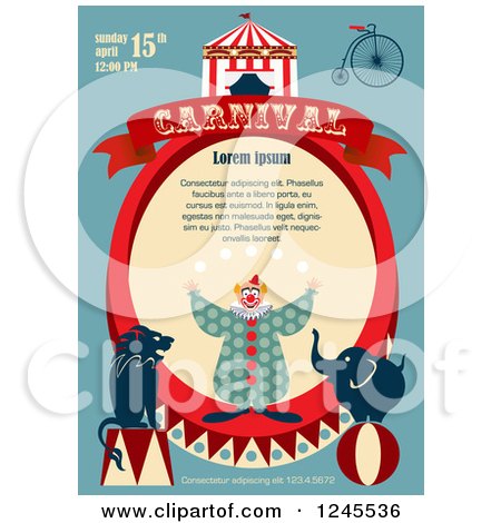 Clipart of a Circus Clown with Animals Carnival Background with Sample Text - Royalty Free Vector Illustration by Eugene