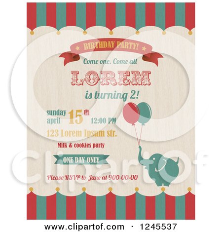 Clipart of a Circus Elephant Carnival Birthday Party Invitation with Sample Text - Royalty Free Vector Illustration by Eugene