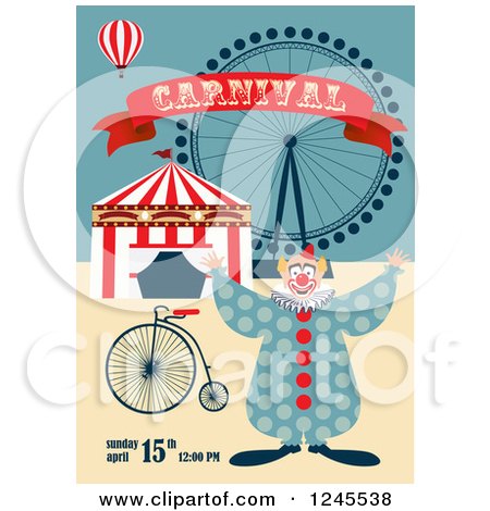 Clipart of a Circus Clown with a Big Top and Ferris Wheel Carnival Background with Sample Text - Royalty Free Vector Illustration by Eugene