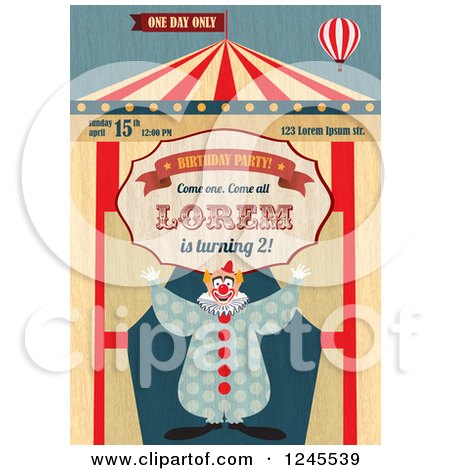Clipart of a Circus Clown with a Big Top Birthday Party Invite with Sample Text - Royalty Free Vector Illustration by Eugene