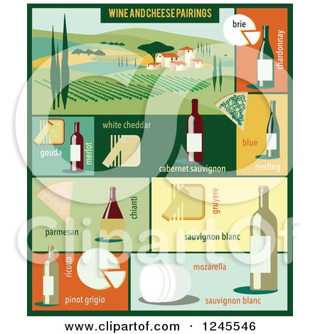 Clipart of a Vineyard and Wine and Cheese Pairings - Royalty Free Vector Illustration by Eugene
