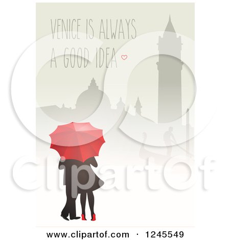 Clipart of a Silhouetted Skyline over a Couple with an Umbrella and Venice Is Always a Good Idea Text - Royalty Free Vector Illustration by Eugene