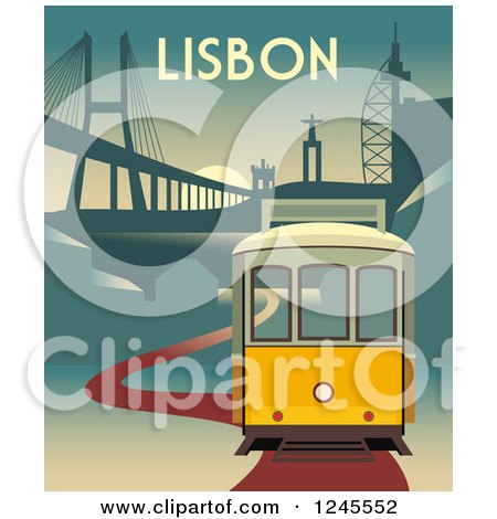 Clipart of a Yellow Electric Tram of Lisbon Portugal at Sunset - Royalty Free Vector Illustration by Eugene