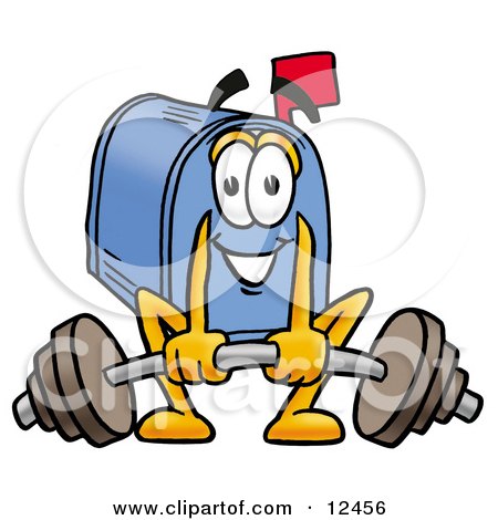 Clipart Picture of a Blue Postal Mailbox Cartoon Character Lifting a Heavy Barbell by Mascot Junction