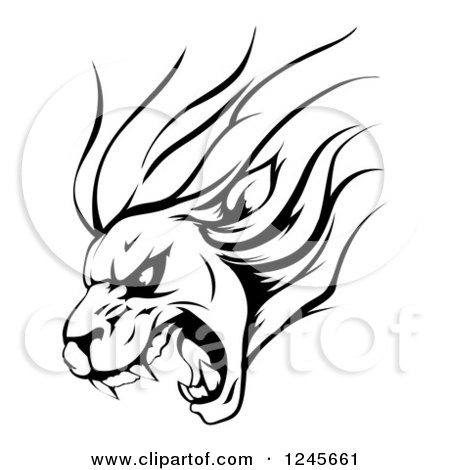 Clipart of a Black and White Aggressive Roaring Lion Sports Mascot - Royalty Free Vector Illustration by AtStockIllustration