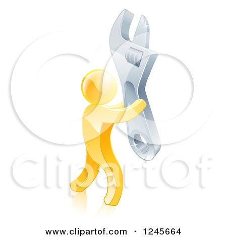 Clipart of a 3d Gold Man Carrying a Giant Spanner Wrench - Royalty Free Vector Illustration by AtStockIllustration