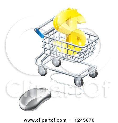 Clipart of a 3d Gold Dollar Symbol in a Shopping Cart with a Computer Mouse - Royalty Free Vector Illustration by AtStockIllustration