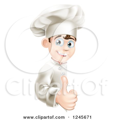 Clipart of a Happy Young Chef Holding a Thumb up Around a Menu or Sign Board - Royalty Free Vector Illustration by AtStockIllustration