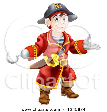 Clipart of a Happy Pirate Captain with a Hook Hand - Royalty Free Vector Illustration by AtStockIllustration