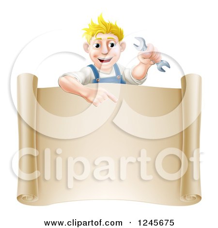 Clipart of a Happy Blond Mechanic Man Holding a Spanner Wrench over a Scroll Sign - Royalty Free Vector Illustration by AtStockIllustration