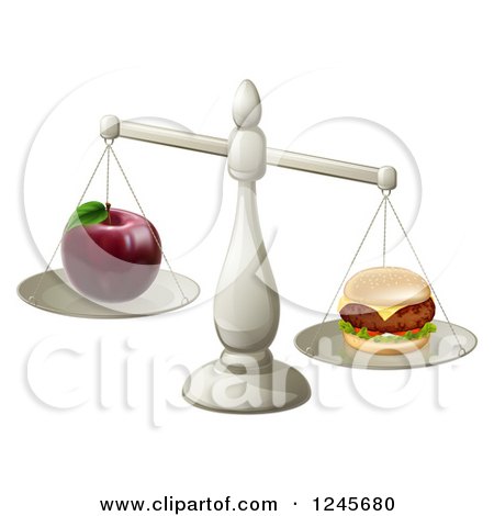 Clipart of an Imbalanced Scale with an Apple and Cheeseburger - Royalty Free Vector Illustration by AtStockIllustration