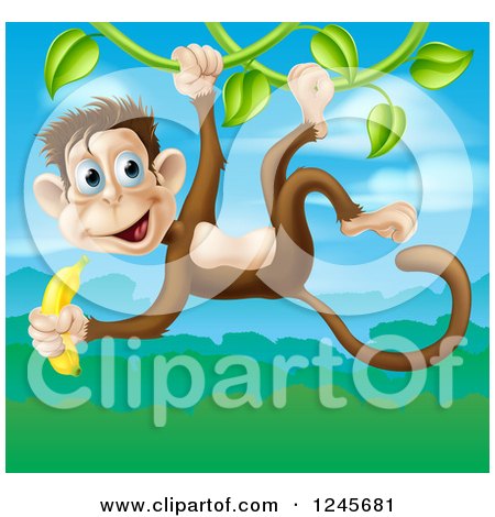Clipart of a Jungle Monkey with a Banana, Swinging on a Vine over a Jungle Landscape - Royalty Free Vector Illustration by AtStockIllustration