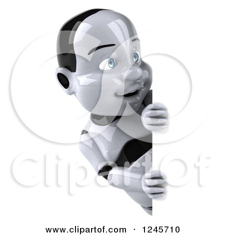 Clipart of a 3d Baby Robot Looking Around a Sign - Royalty Free Illustration by Julos