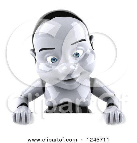 Clipart of a 3d Baby Robot Looking down at a Sign - Royalty Free Illustration by Julos