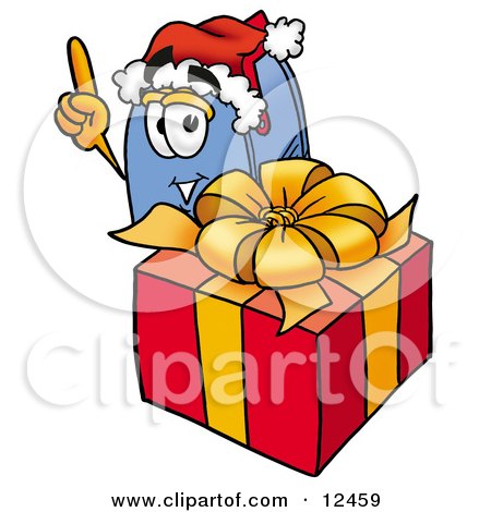 Clipart Picture of a Blue Postal Mailbox Cartoon Character Standing by a Christmas Present by Mascot Junction
