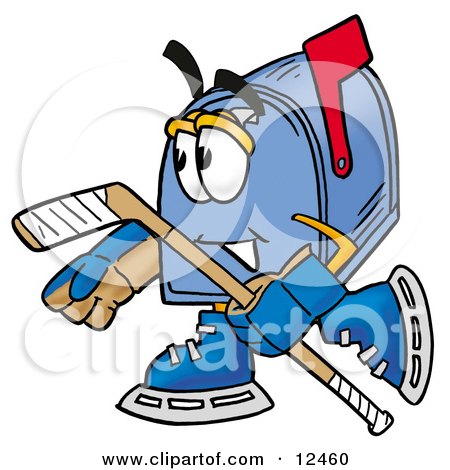 Clipart Picture of a Blue Postal Mailbox Cartoon Character Playing Ice Hockey by Mascot Junction