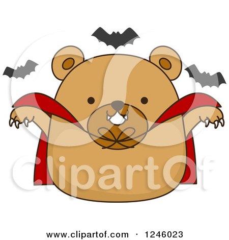 Clipart of a Brown Bear Vampire with Halloween Bats - Royalty Free Vector Illustration by BNP Design Studio