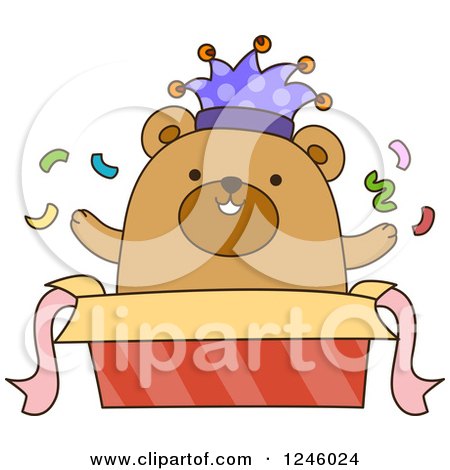 Clipart of a Brown Bear Jester Popping out of a Gift Box - Royalty Free Vector Illustration by BNP Design Studio