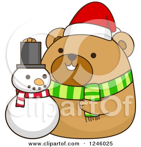 Clipart of a Christmas Brown Bear with a Snowman - Royalty Free Vector Illustration by BNP Design Studio