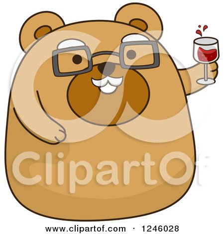 Clipart of a Senior Brown Bear Cheering with Wine - Royalty Free Vector Illustration by BNP Design Studio