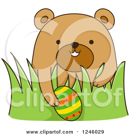 Clipart of a Brown Bear with an Easter Egg in Grass - Royalty Free Vector Illustration by BNP Design Studio