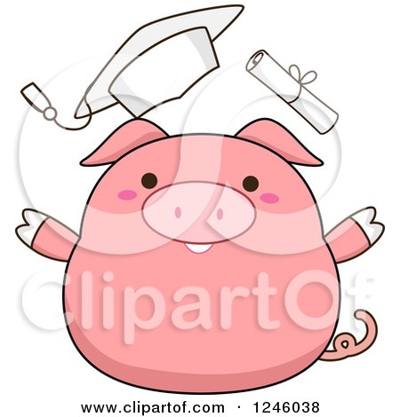 Clipart of a Pink Pig Graduate Throwing His Hat and Diploma - Royalty Free Vector Illustration by BNP Design Studio