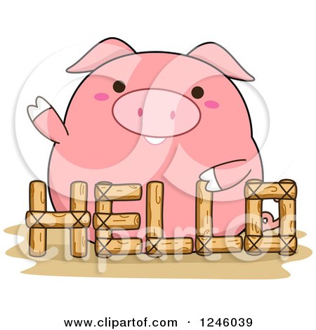 Clipart of a Pink Pig Waving Behind a Hello Fence - Royalty Free Vector Illustration by BNP Design Studio