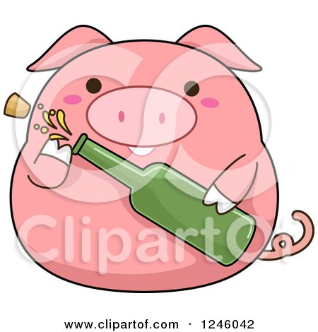 Clipart of a Pink Pig Popping a Bottle of Champagne - Royalty Free Vector Illustration by BNP Design Studio