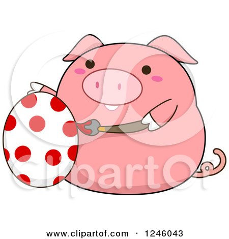 Clipart of a Pink Pig Painting an Easter Egg with Polka Dots - Royalty Free Vector Illustration by BNP Design Studio