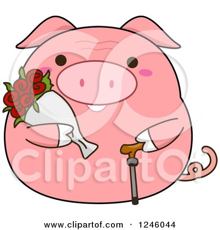 Clipart of a Pink Senior Pig with Flowers and a Cane - Royalty Free Vector Illustration by BNP Design Studio