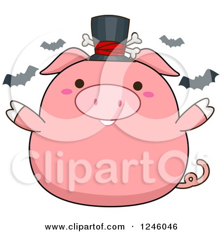 Clipart of a Halloween Pink Pig with Bats and a Top Hat - Royalty Free Vector Illustration by BNP Design Studio