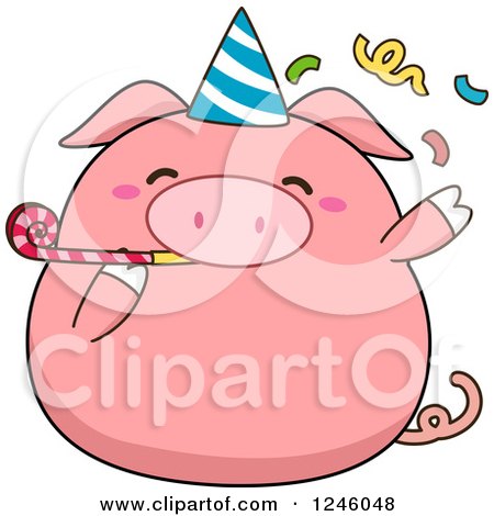Clipart of a Pink Birthday Pig Blowing a Noise Maker - Royalty Free Vector Illustration by BNP Design Studio