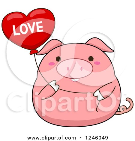 Clipart of a Pink Pig Holding a Love Heart Balloon - Royalty Free Vector Illustration by BNP Design Studio