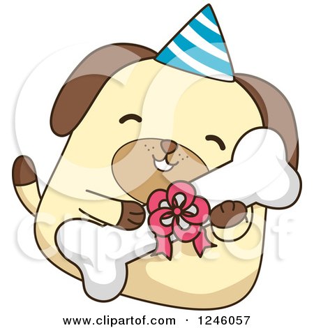 Clipart of a Birthday Dog Hugging a Bone - Royalty Free Vector Illustration by BNP Design Studio