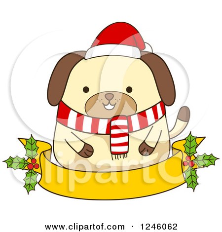 Clipart of a Christmas Dog in a Scarf and Santa Hat over a Ribbon Banner with Holly - Royalty Free Vector Illustration by BNP Design Studio