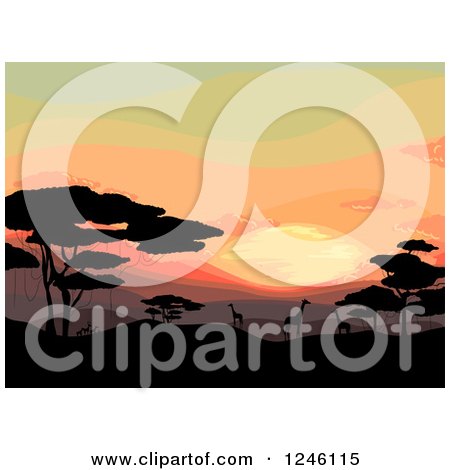 Clipart of a Safari Sunset with Silhouetted Giraffes and Trees - Royalty Free Vector Illustration by BNP Design Studio
