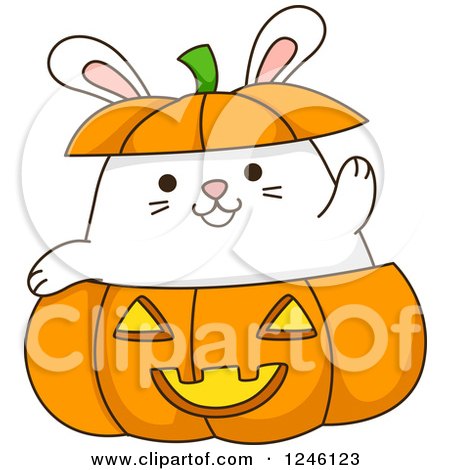 Clipart of a White Bunny Rabbit Waving in a Halloween Jackolantern - Royalty Free Vector Illustration by BNP Design Studio