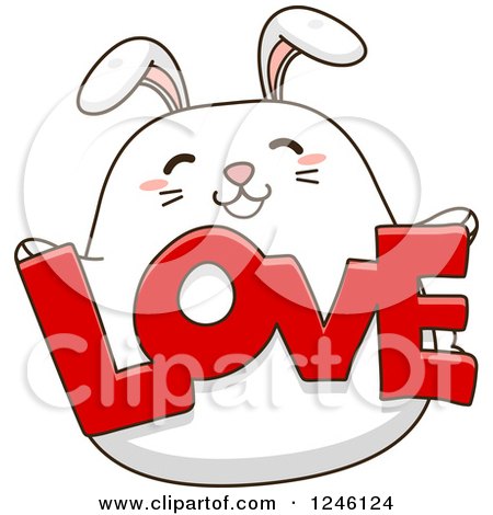 Clipart of a White Bunny Rabbit Holding LOVE - Royalty Free Vector Illustration by BNP Design Studio