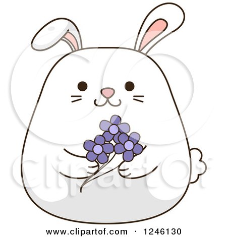 Clipart of a White Bunny Rabbit Holding Flowers - Royalty Free Vector Illustration by BNP Design Studio
