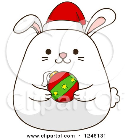 Clipart of a White Christmas Bunny Rabbit Holding a Bauble - Royalty Free Vector Illustration by BNP Design Studio
