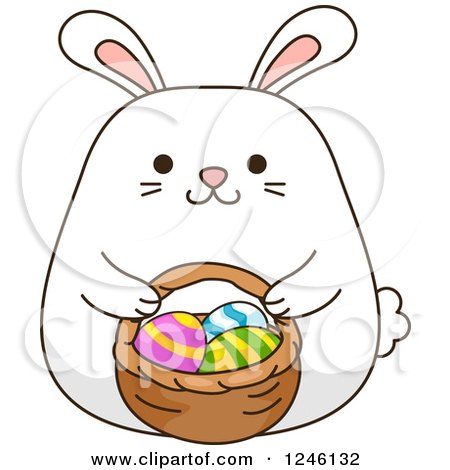 Clipart of a White Bunny Rabbit with a Basket of Easter Eggs - Royalty Free Vector Illustration by BNP Design Studio