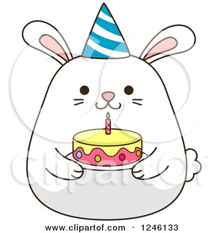 Clipart of a White Birthday Bunny Rabbit Holding a Cake - Royalty Free Vector Illustration by BNP Design Studio