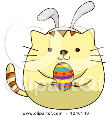 Clipart of a Yellow Easter Kitty Cat Holding an Egg and Wearing Bunny Ears - Royalty Free Vector Illustration by BNP Design Studio