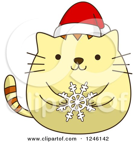 Clipart of a Yellow Kitty Cat in a Christmas Sant Hat, Holding a Snowflake - Royalty Free Vector Illustration by BNP Design Studio