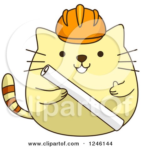 Clipart of a Yellow Construction Kitty Cat Holding Blueprints - Royalty Free Vector Illustration by BNP Design Studio